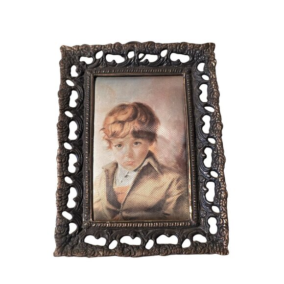 Vintage Ornate Brass Frame Art Set Painting on Silk Boy & Cottage Miniature Pair - Picture 3 of 5